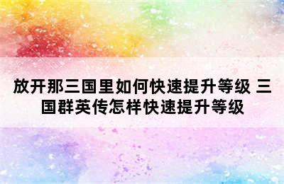 放开那三国里如何快速提升等级 三国群英传怎样快速提升等级